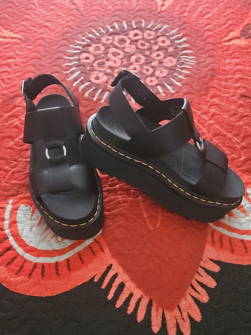 Dr. Martens Black Platform Francis Strap Sandals with Yellow Stitching - Size 6